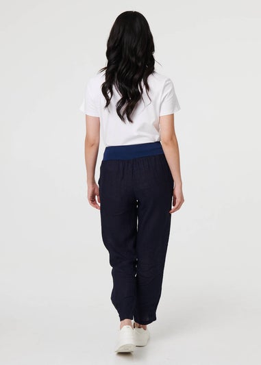 Izabel London Navy Relaxed Linen Tapered Trousers