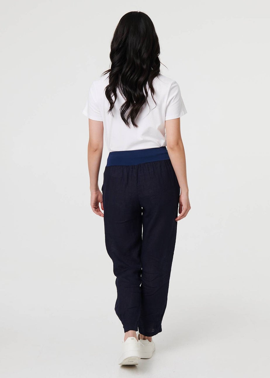 Izabel London Navy Relaxed Linen Tapered Trousers