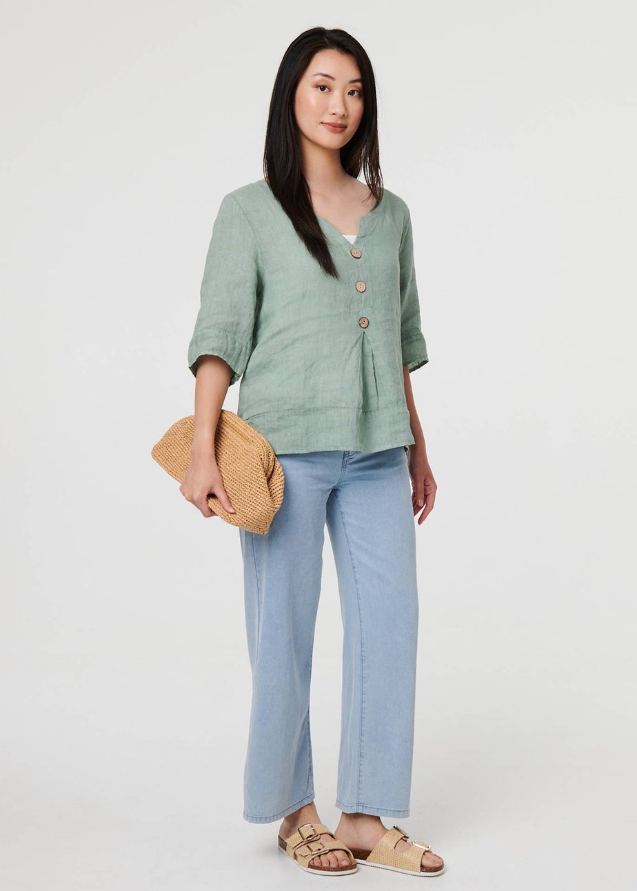 Izabel London Sage Button Detail 3/4 Sleeve Relaxed Blouse