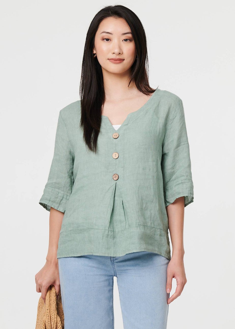 Izabel London Sage Button Detail 3/4 Sleeve Relaxed Blouse