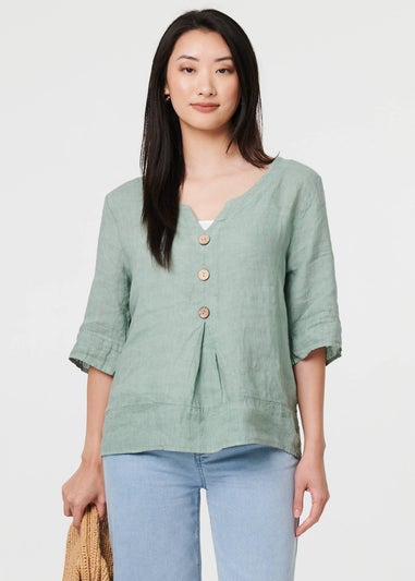 Izabel London Sage Button Detail 3/4 Sleeve Relaxed Blouse