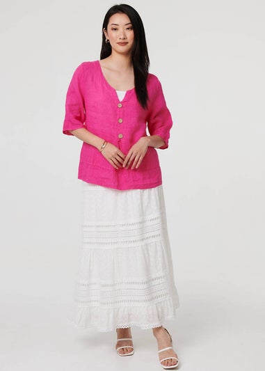 Izabel London Pink Button Detail 3/4 Sleeve Relaxed Blouse