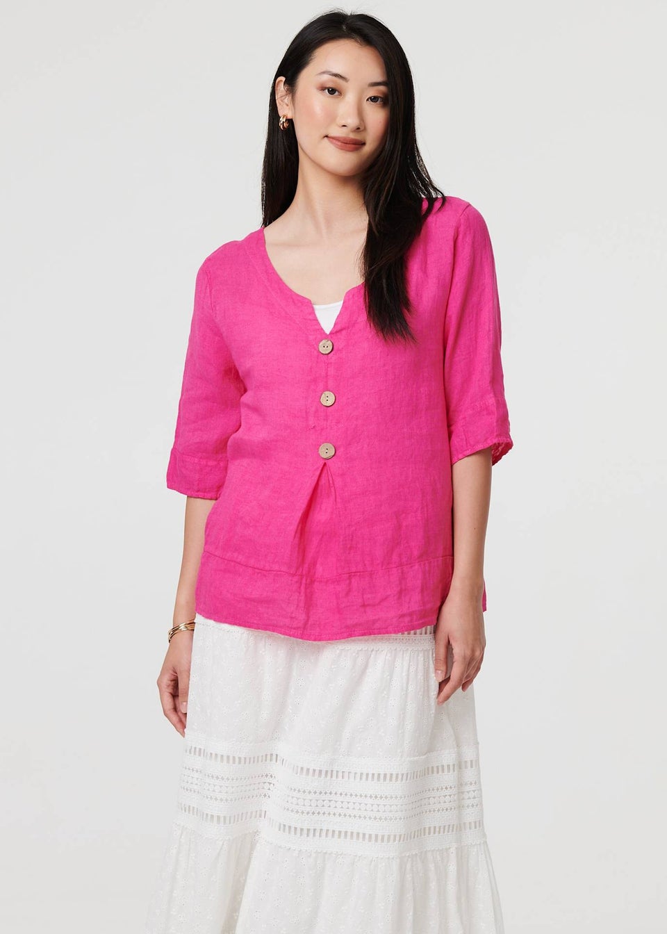 Izabel London Pink Button Detail 3/4 Sleeve Relaxed Blouse