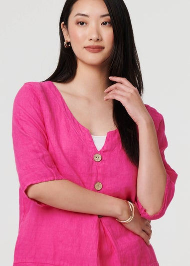Izabel London Pink Button Detail 3/4 Sleeve Relaxed Blouse