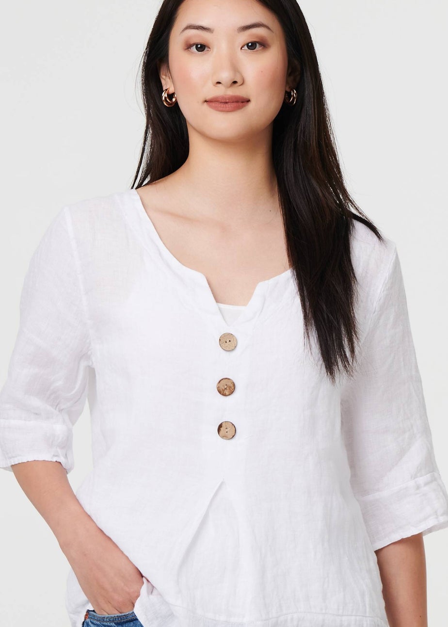 Izabel London White Button Detail 3/4 Sleeve Relaxed Blouse
