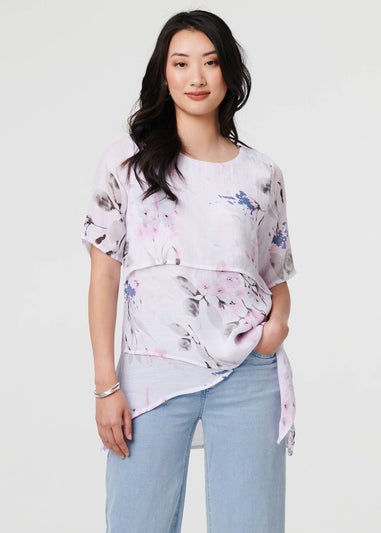 Izabel London Pink Floral Layered Relaxed Fit Blouse