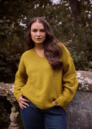 Evans Curve Green Knitted V-Neck Jumper