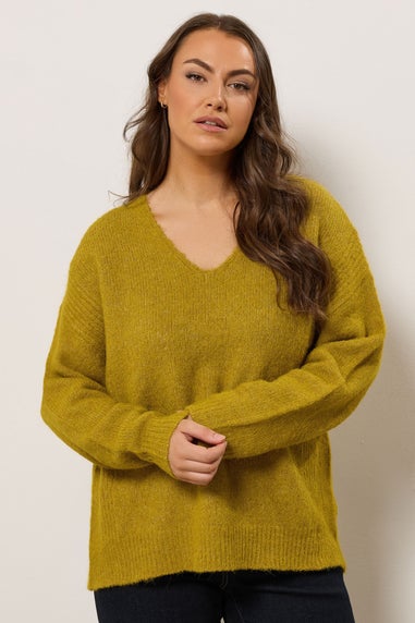 Evans Curve Green Knitted V-Neck Jumper