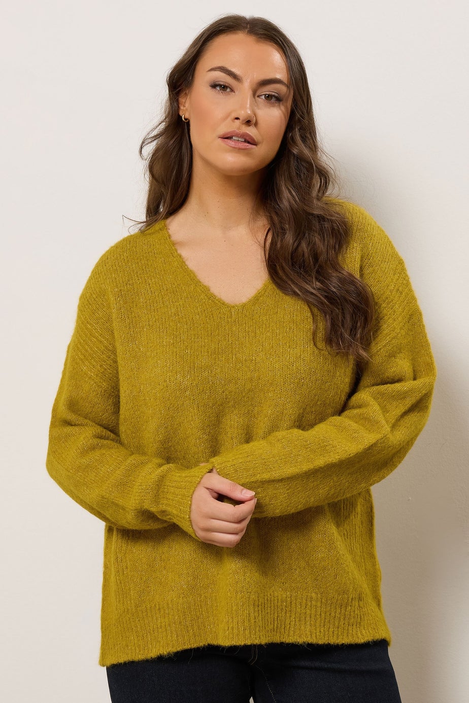 Evans Curve Green Knitted V-Neck Jumper