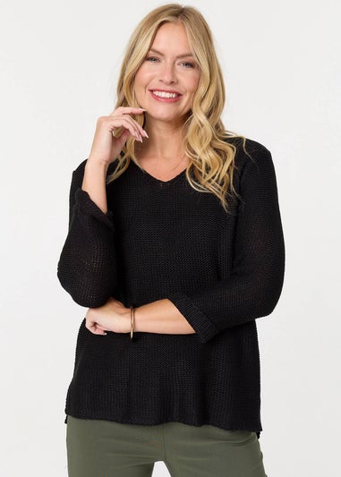 Izabel London Black Mesh Texture 3/4 Sleeve Relaxed Top