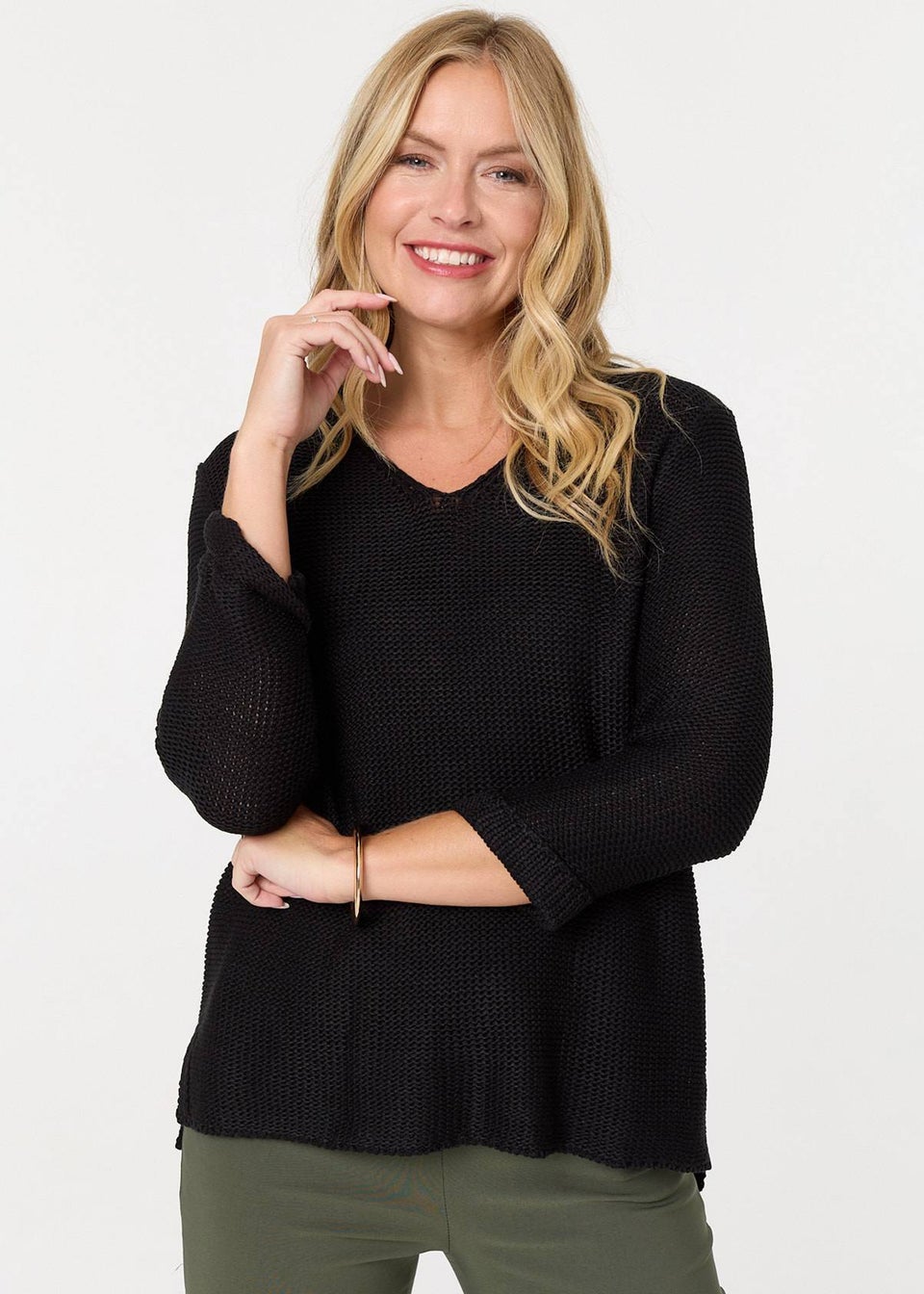 Izabel London Black Mesh Texture 3/4 Sleeve Relaxed Top