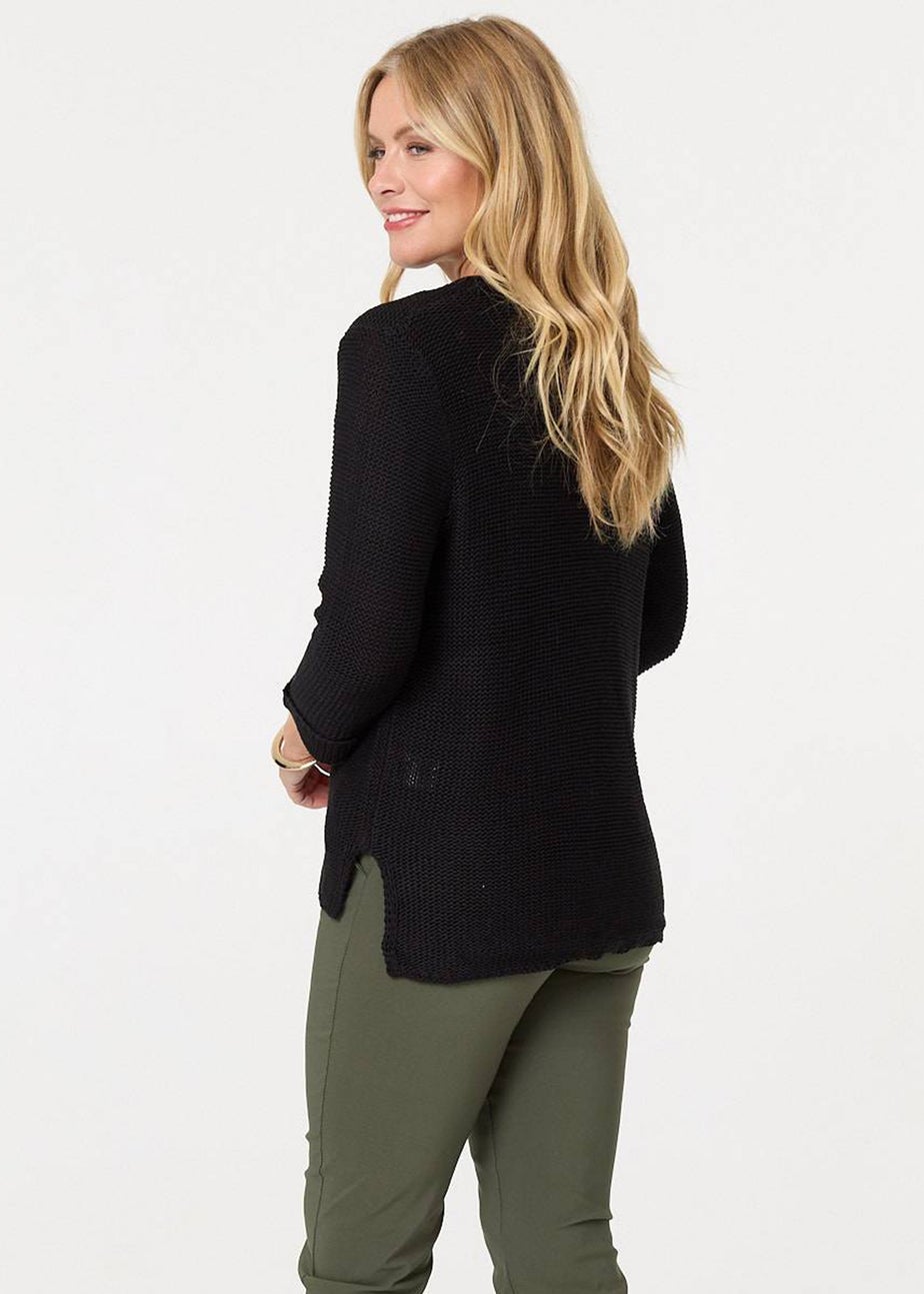 Izabel London Black Mesh Texture 3/4 Sleeve Relaxed Top