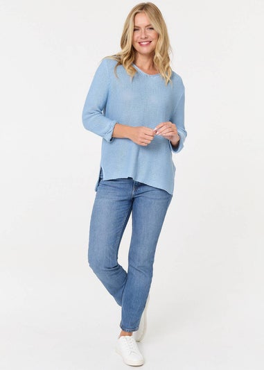 Izabel London Light Blue Mesh Texture 3/4 Sleeve Relaxed Top
