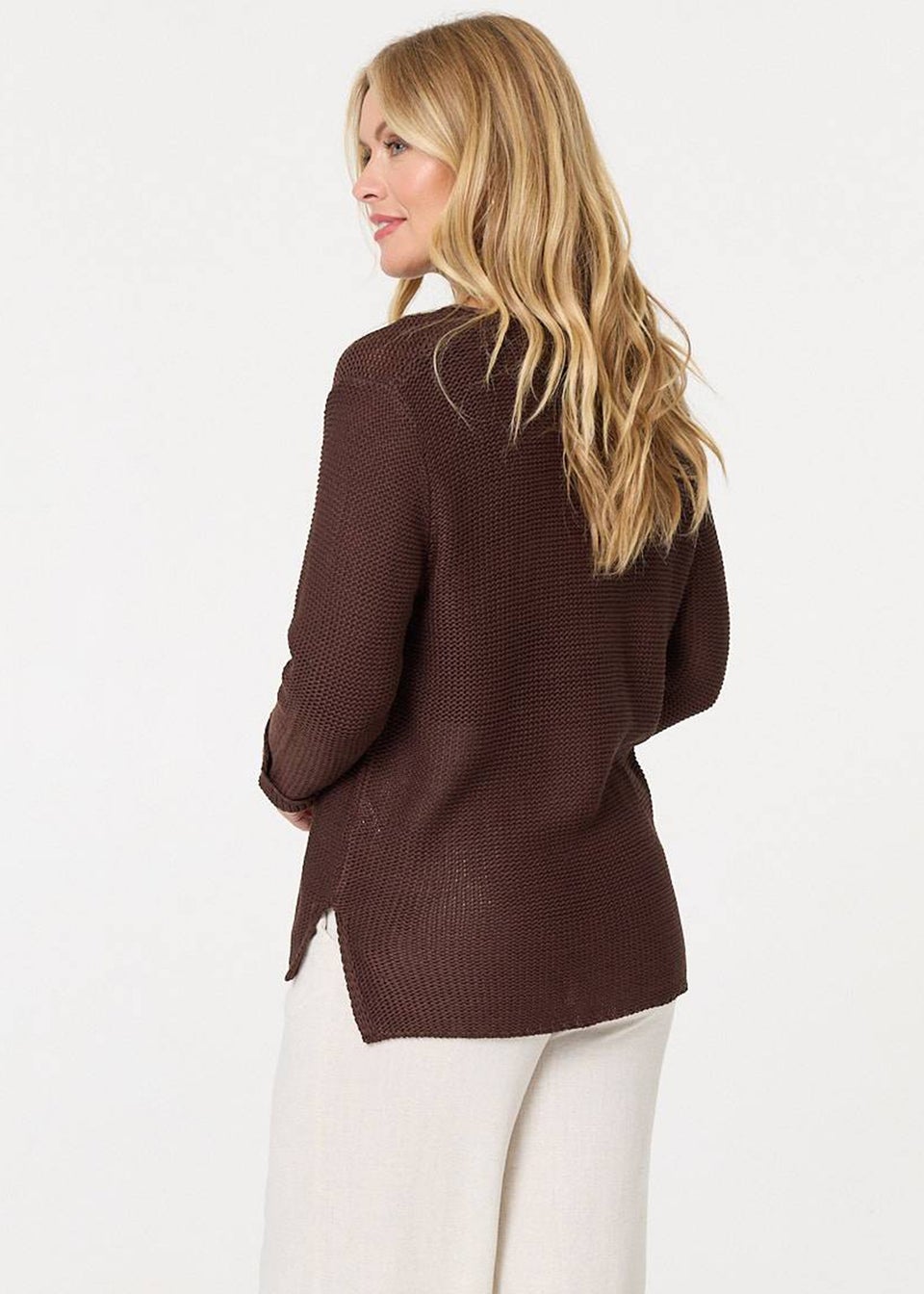 Izabel London Brown Mesh Texture 3/4 Sleeve Relaxed Top