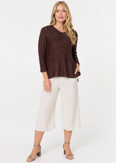 Izabel London Brown Mesh Texture 3/4 Sleeve Relaxed Top