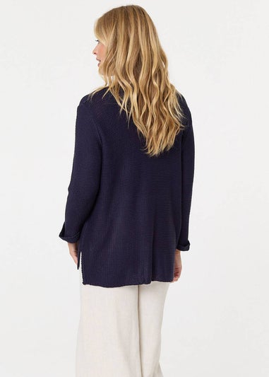 Izabel London Navy Mesh Texture 3/4 Sleeve Relaxed Top