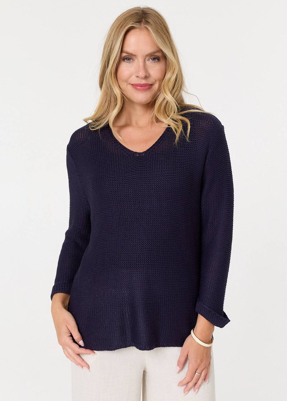 Izabel London Navy Mesh Texture 3/4 Sleeve Relaxed Top