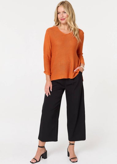 Izabel London Orange Mesh Texture 3/4 Sleeve Relaxed Top
