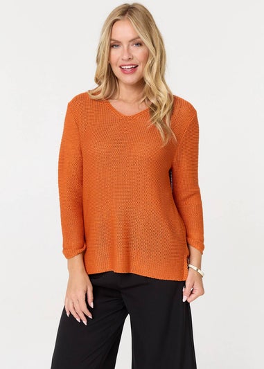 Izabel London Orange Mesh Texture 3/4 Sleeve Relaxed Top