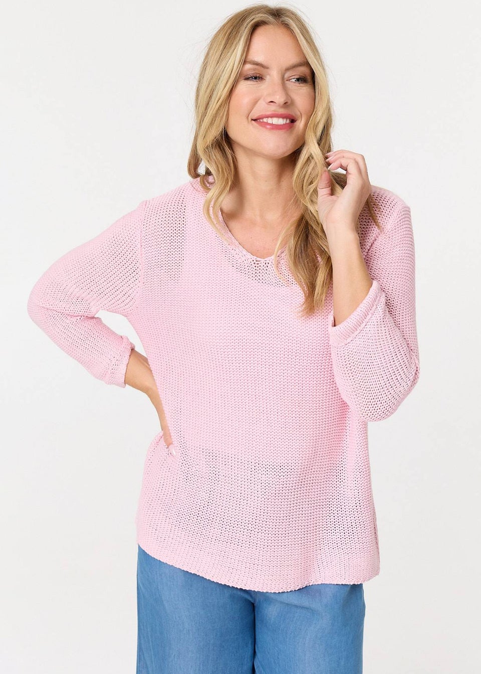 Izabel London Pink Mesh Texture 3/4 Sleeve Relaxed Top