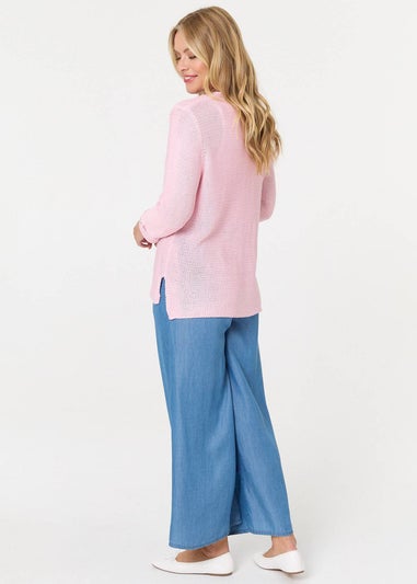 Izabel London Pink Mesh Texture 3/4 Sleeve Relaxed Top