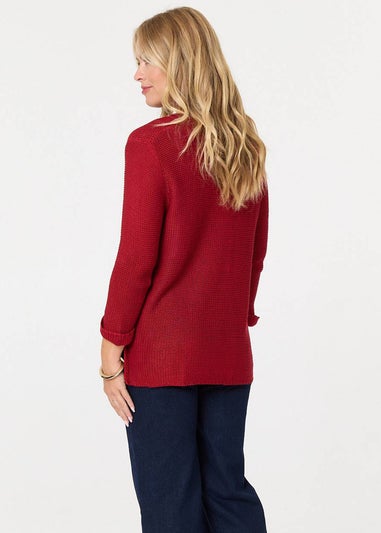 Izabel London Red Mesh Texture 3/4 Sleeve Relaxed Top