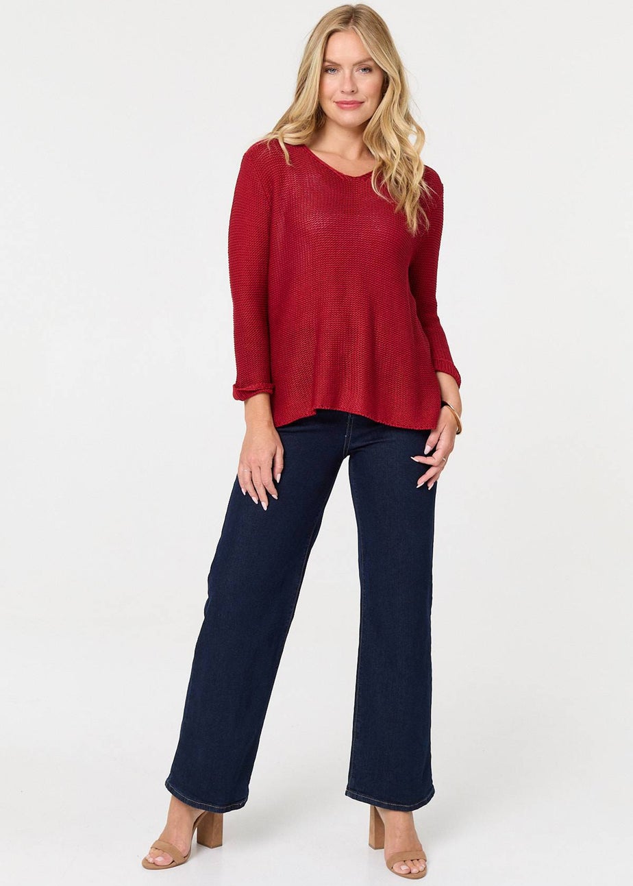 Izabel London Red Mesh Texture 3/4 Sleeve Relaxed Top