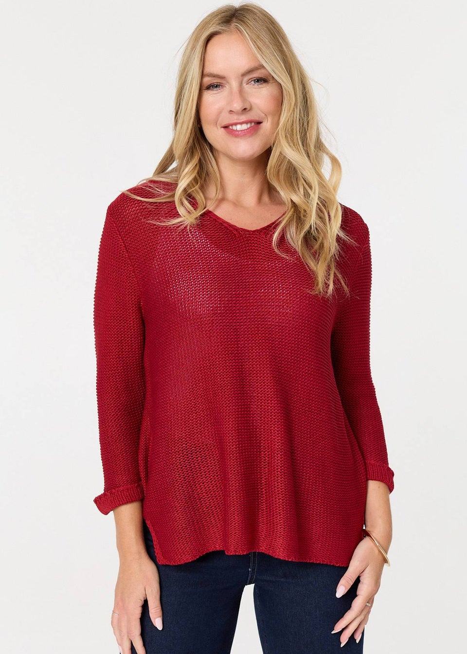 Izabel London Red Mesh Texture 3/4 Sleeve Relaxed Top
