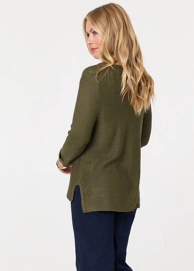 Izabel London Khaki Mesh Texture 3/4 Sleeve Relaxed Top
