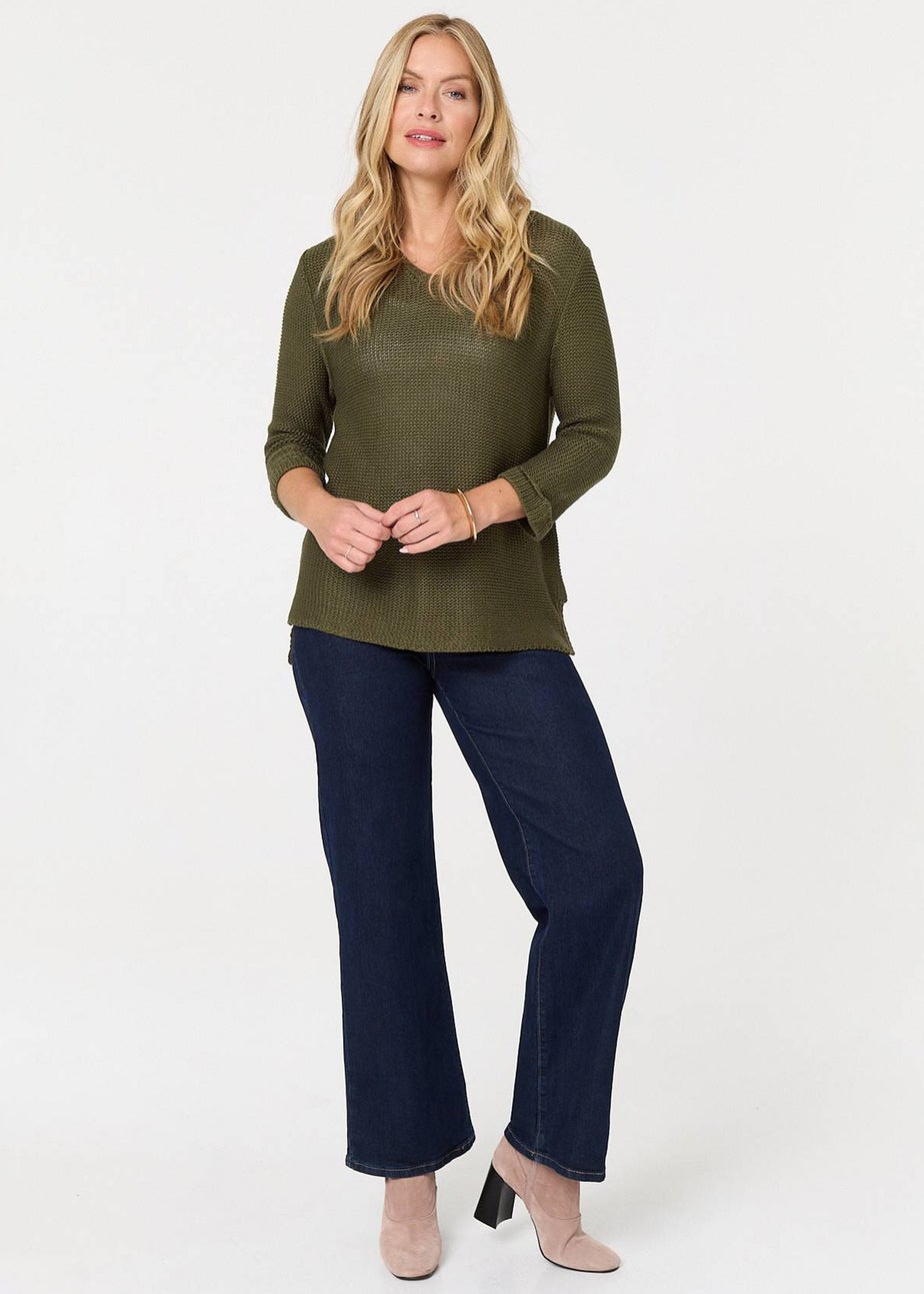 Izabel London Khaki Mesh Texture 3/4 Sleeve Relaxed Top