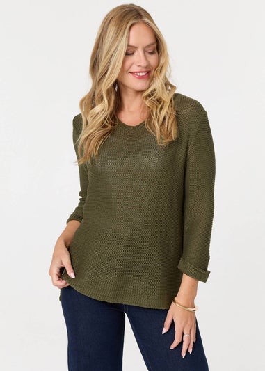 Izabel London Khaki Mesh Texture 3/4 Sleeve Relaxed Top