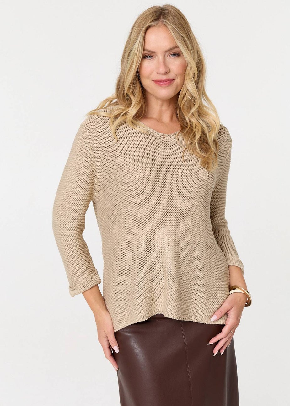 Izabel London Beige Mesh Texture 3/4 Sleeve Relaxed Top