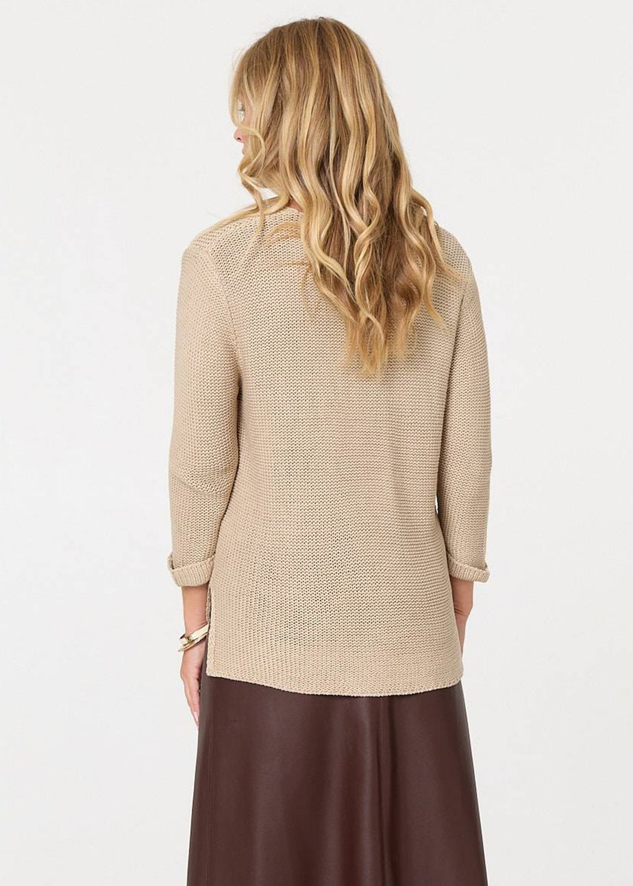 Izabel London Beige Mesh Texture 3/4 Sleeve Relaxed Top