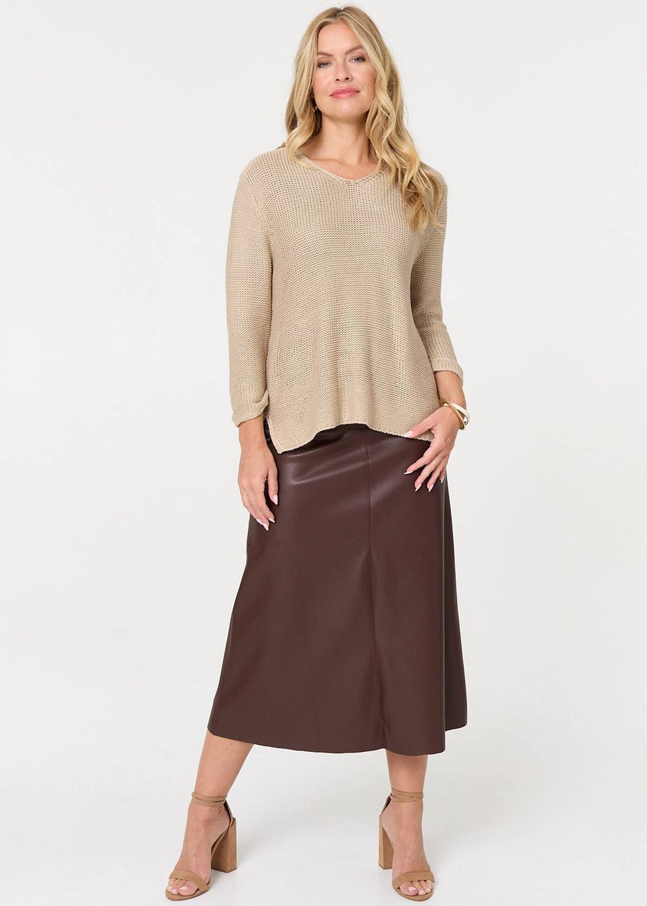 Izabel London Beige Mesh Texture 3/4 Sleeve Relaxed Top