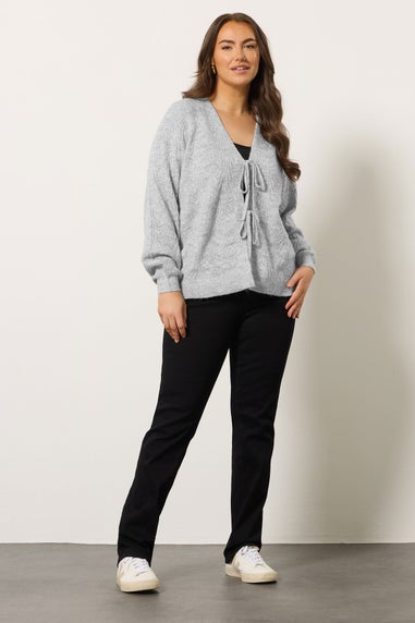 Evans Curve Grey Bow Tie Front Knit Cardigan