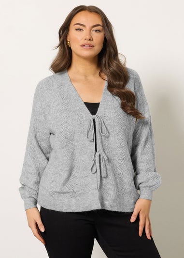 Evans Curve Grey Bow Tie Front Knit Cardigan