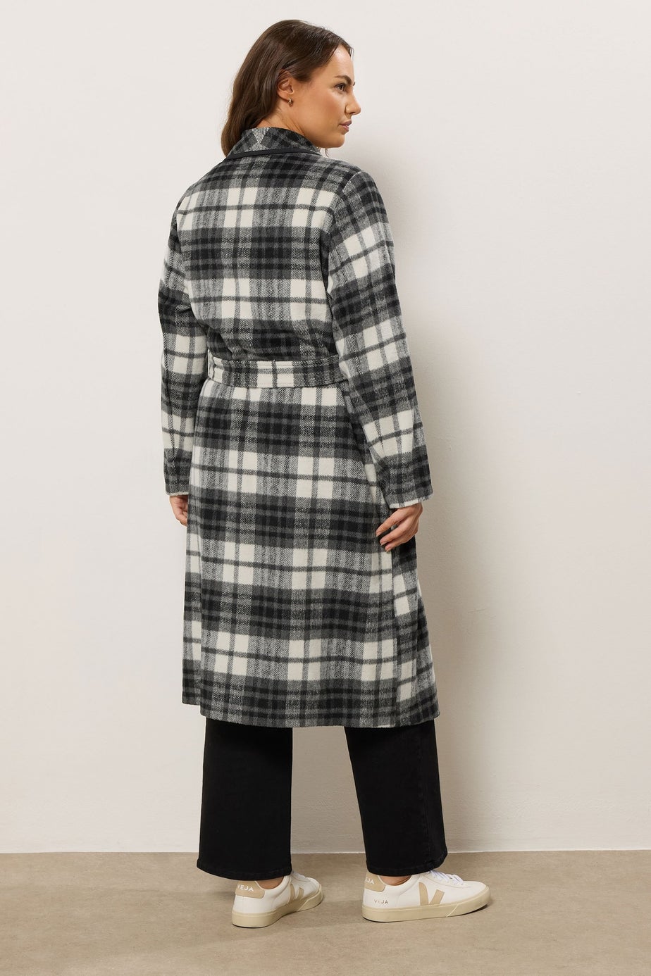 Evans Curve Black & White Check Green Waterfall Coat