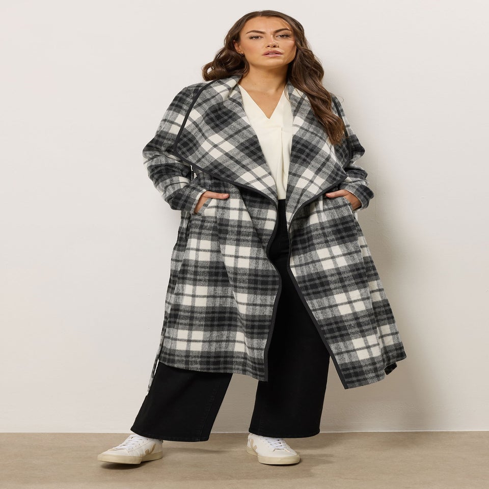 Evans Curve Black & White Check Green Waterfall Coat