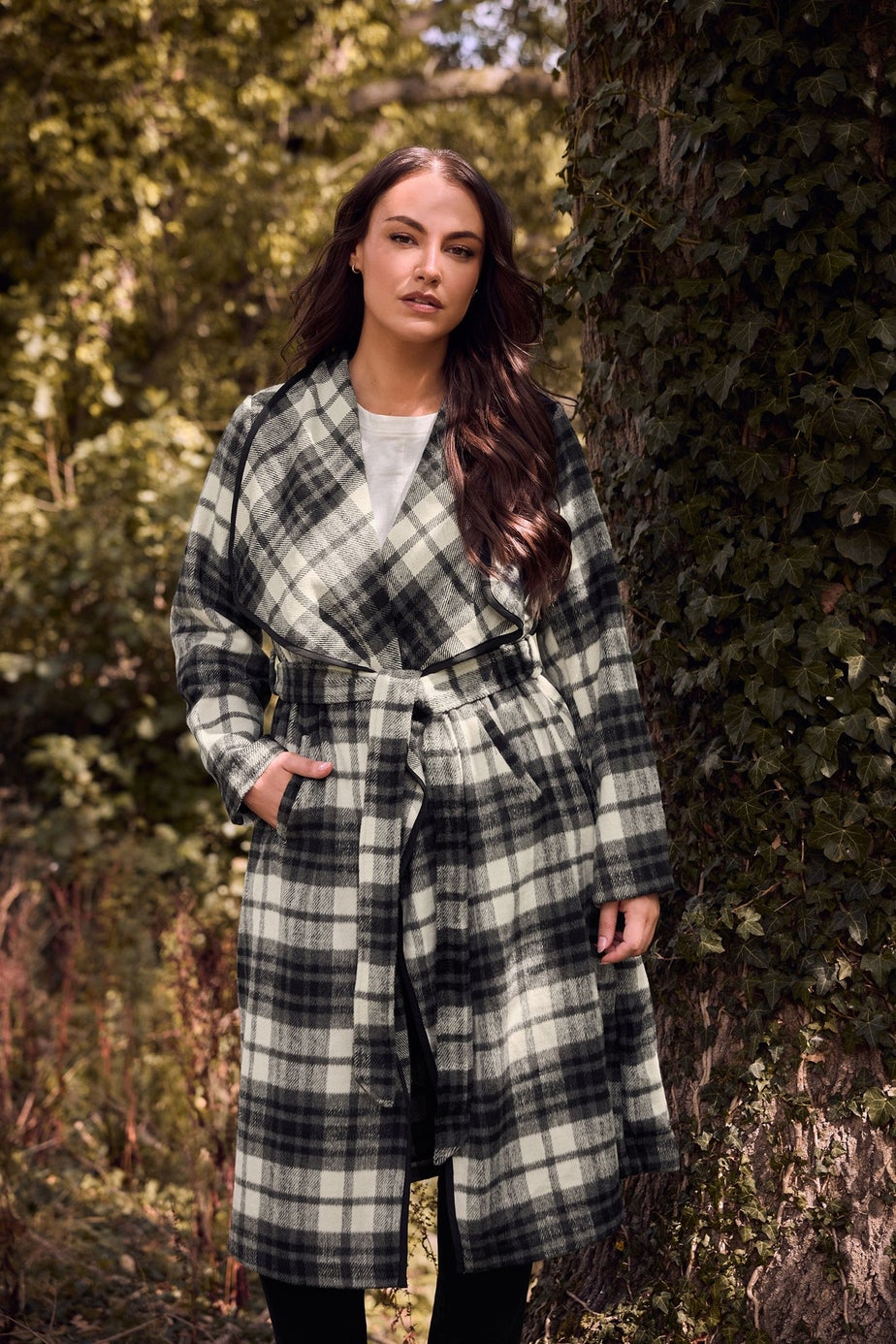 Evans Curve Black & White Check Green Waterfall Coat