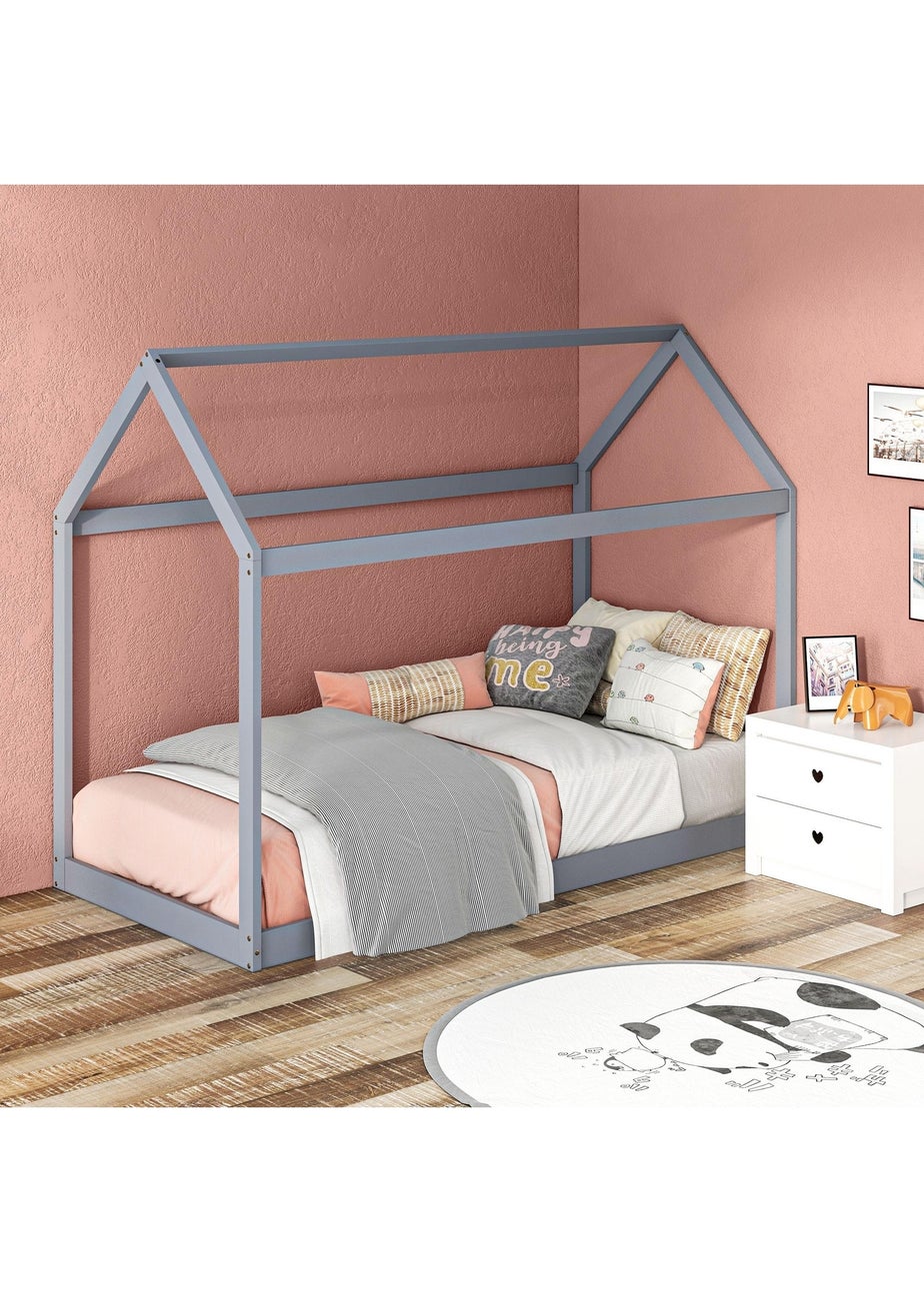 HOMCOM Grey Wooden Single Bed Frame with Tree House Style