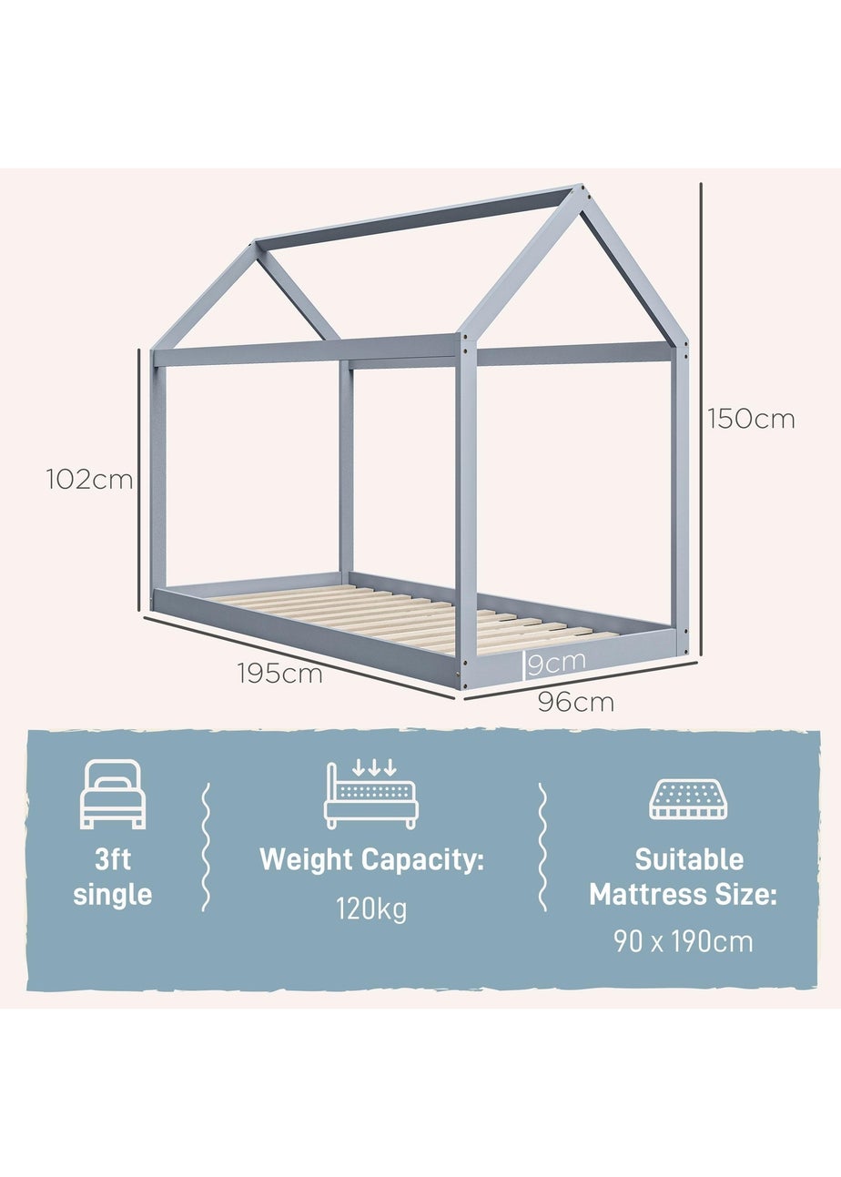 HOMCOM Grey Wooden Single Bed Frame with Tree House Style