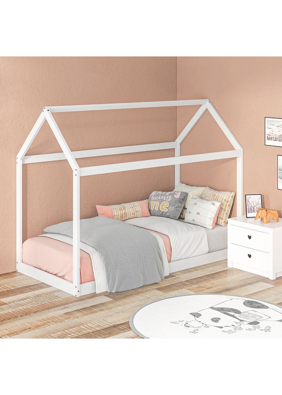 HOMCOM White Wooden Single Bed Frame with Tree House Style
