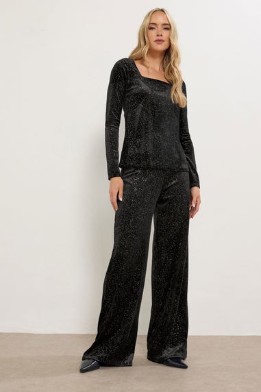 Long Tall Sally Black Velvet Glitter Wide Leg Trousers