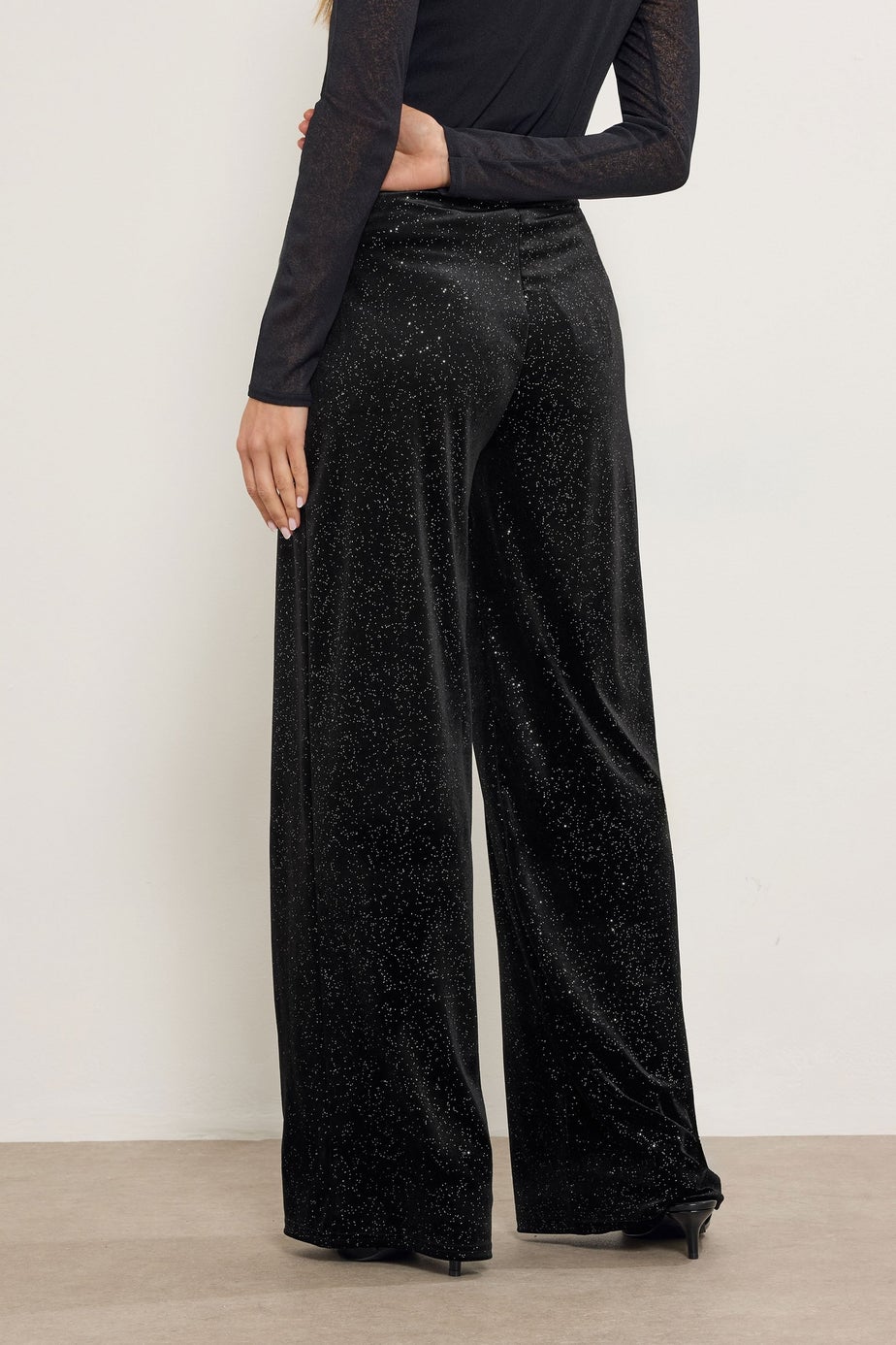 Long Tall Sally Black Velvet Glitter Wide Leg Trousers