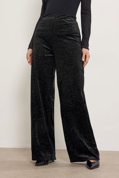 Long Tall Sally Black Velvet Glitter Wide Leg Trousers