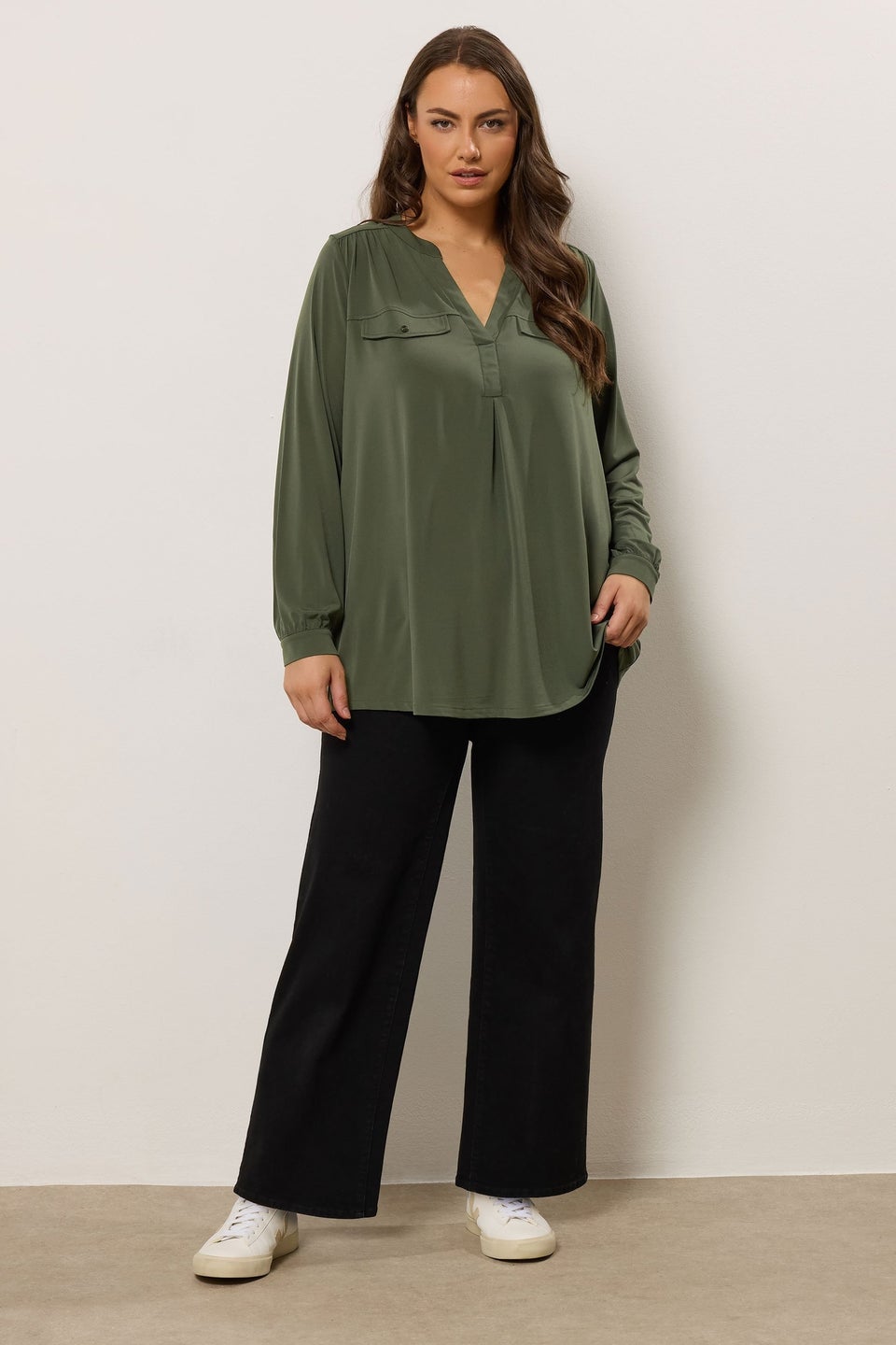 Evans Curve Khaki Green Notch Neck Utility Shirt