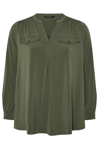 Evans Curve Khaki Green Notch Neck Utility Shirt