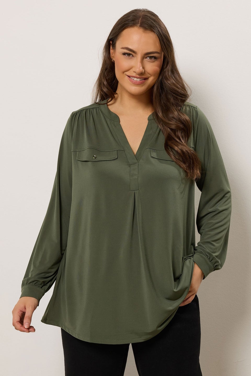 Evans Curve Khaki Green Notch Neck Utility Shirt