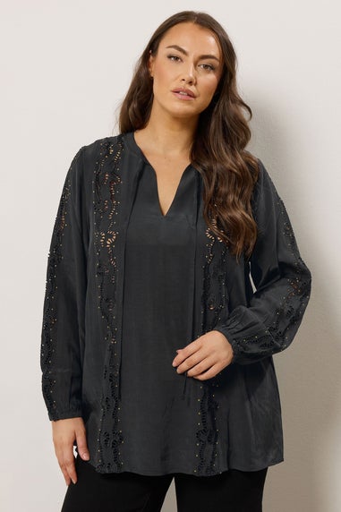Evans Curve Black Cutwork Tie Neck Woven Blouse