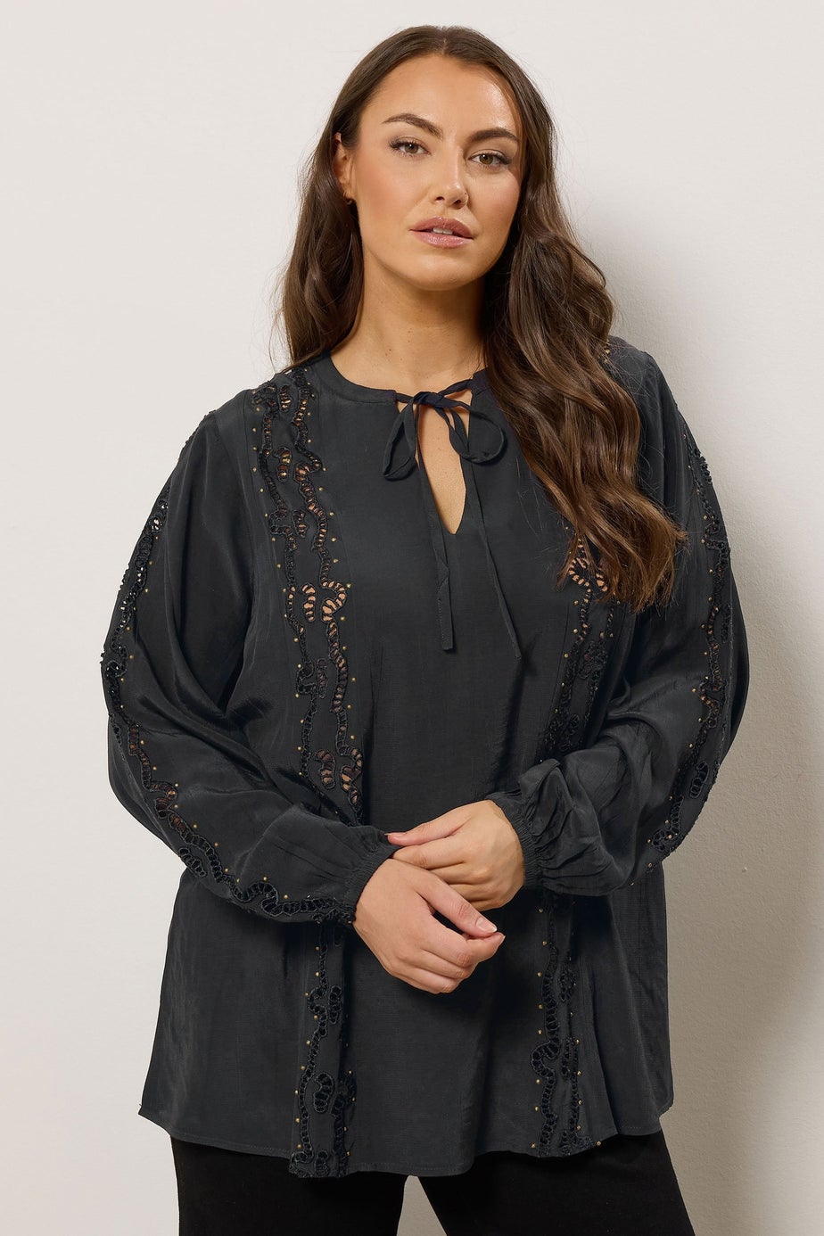Evans Curve Black Cutwork Tie Neck Woven Blouse